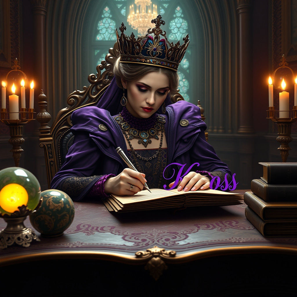 Queen Writing 'Queen Kross' in Dark Fantasy Style