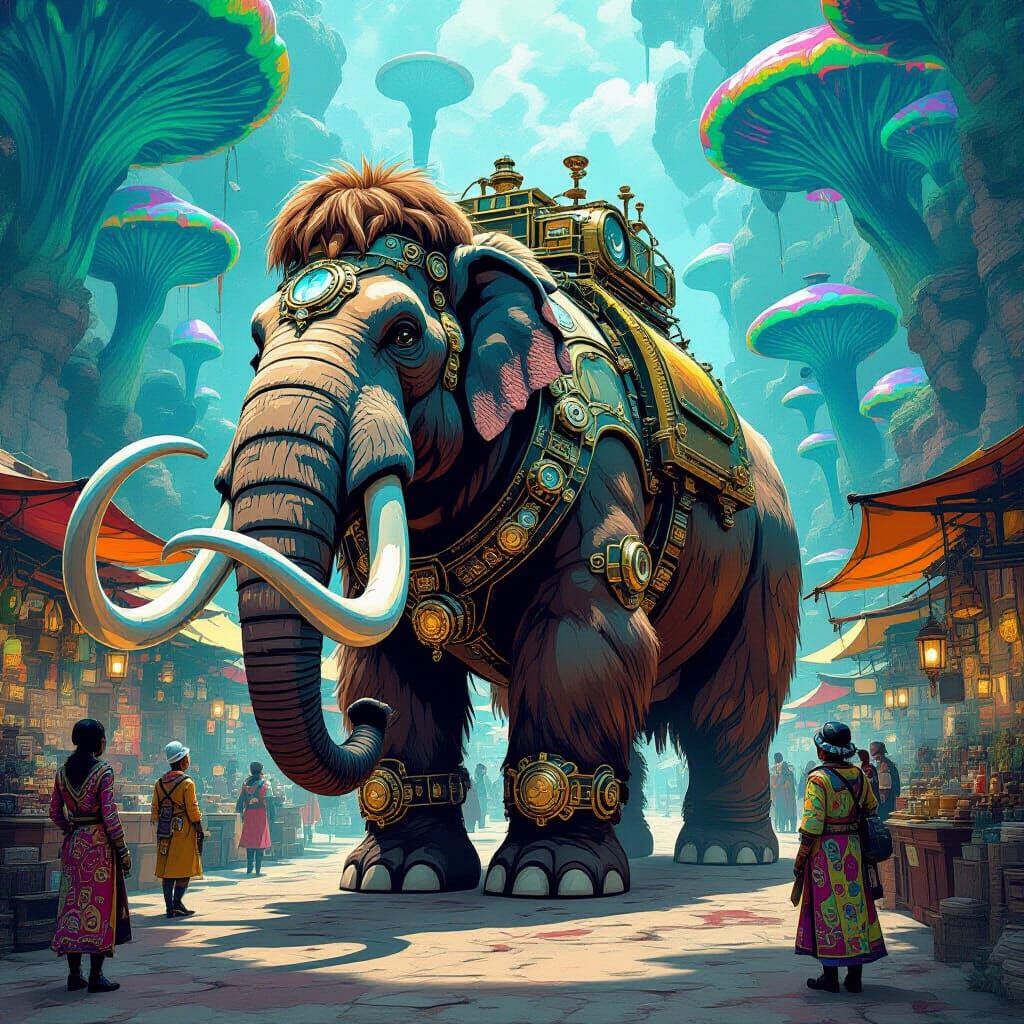 Steampunk Mammoth in Alien Marketplace: Pop Art Style