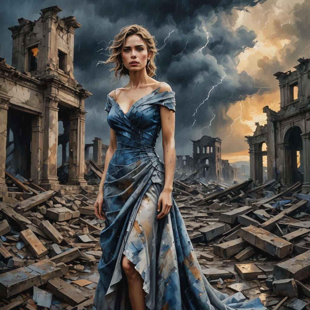 Melancholic Woman in Ruins: Modern Ink Painting