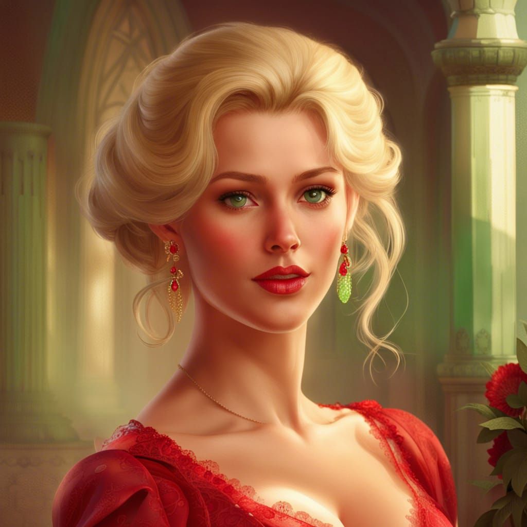 Beautiful Blonde Woman in Red Dress: Hyperrealistic Portrait
