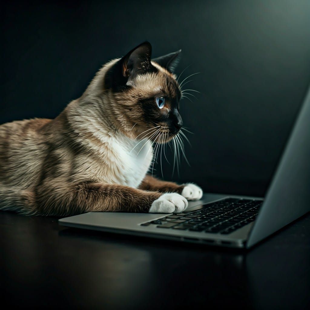 Siamese Cat Writes in Chat on Laptop under Dim, Cinematic Li...