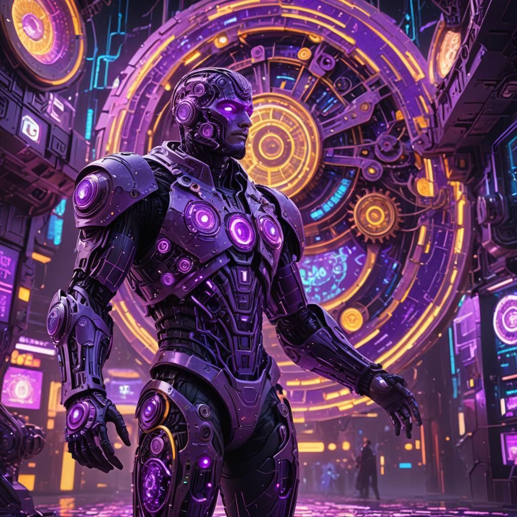 Shimmering Neon Purple Figure in Cyberpunk Cityscape