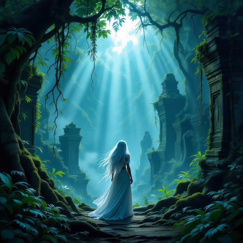 Ethereal Woman in Bioluminescent Jungle City