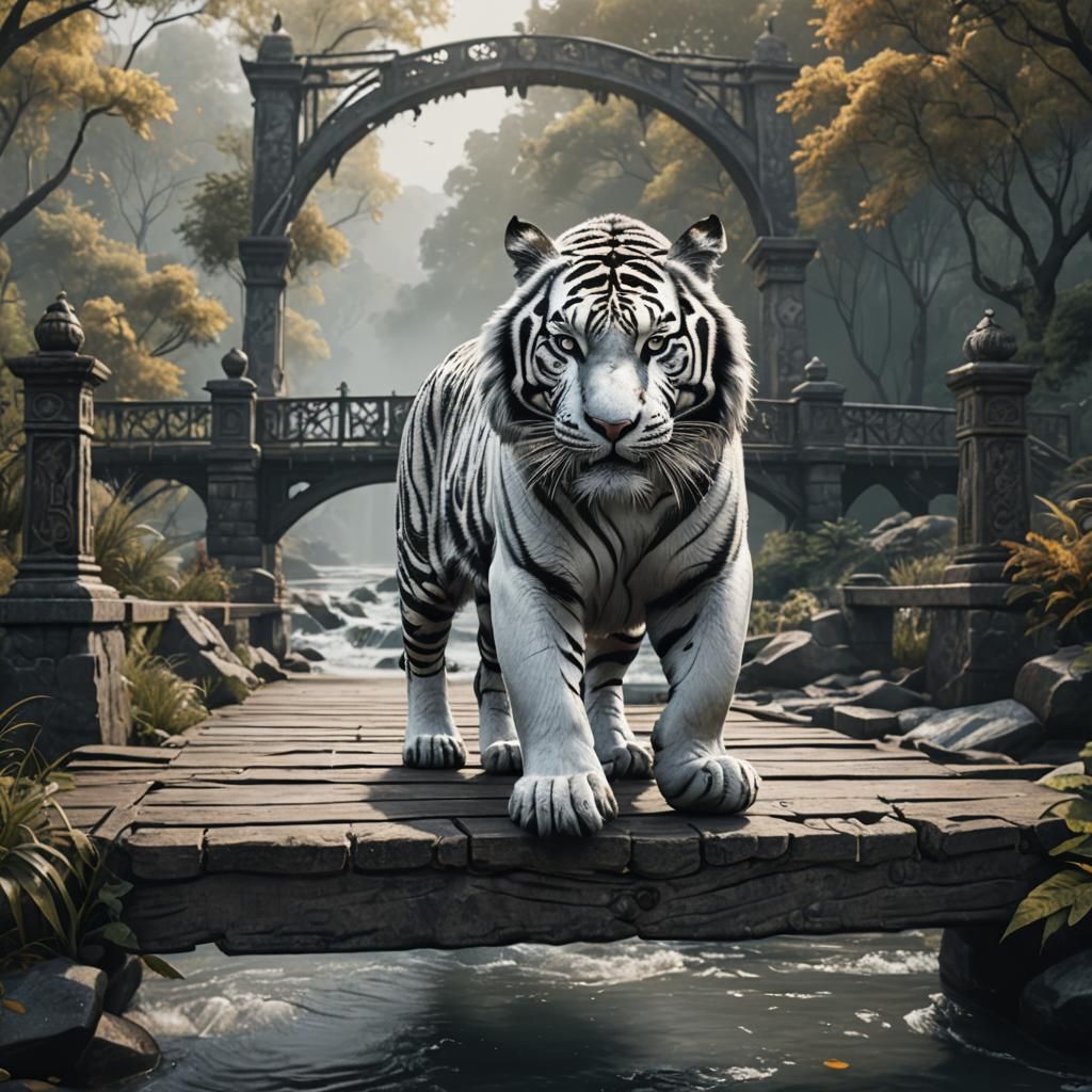 Black and White Tiger on Bridge: Fantasy Art