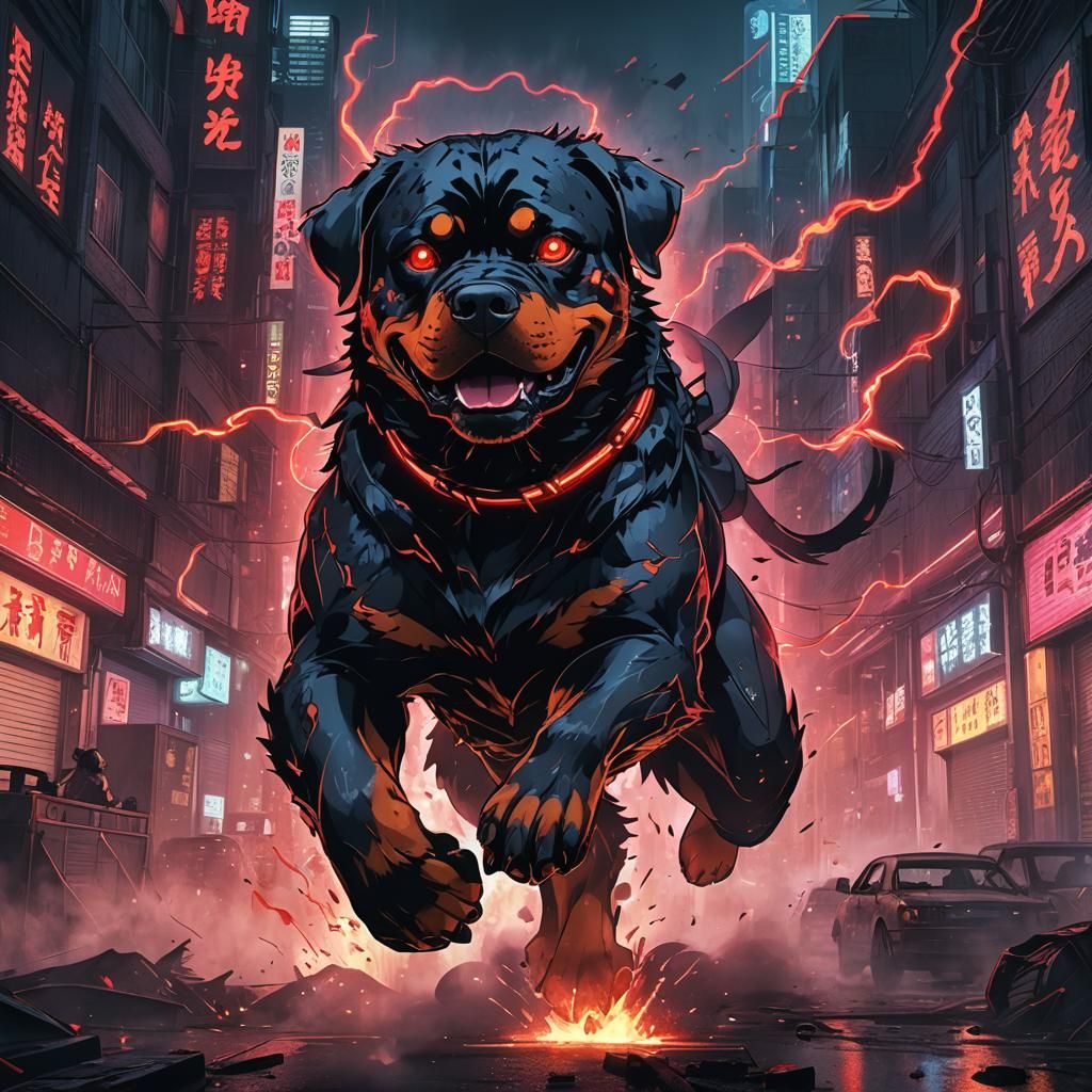 Cyberpunk Kaiju Rottweiler Rampage in Anime Style