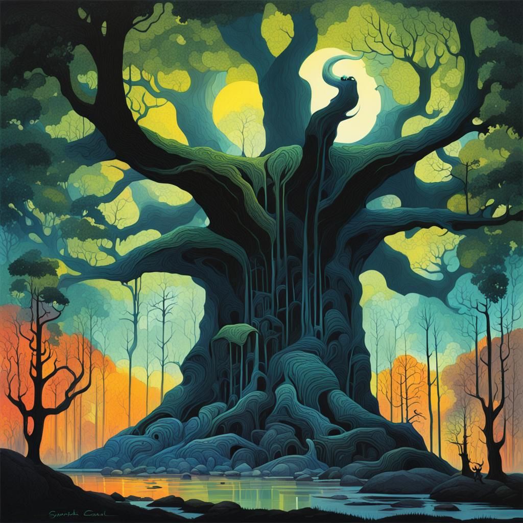 Noctilucent Mammoth Tree in Colorful Fantasy Art Style