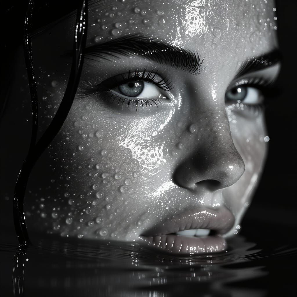 High-Contrast Portrait of Woman Submerged in Water