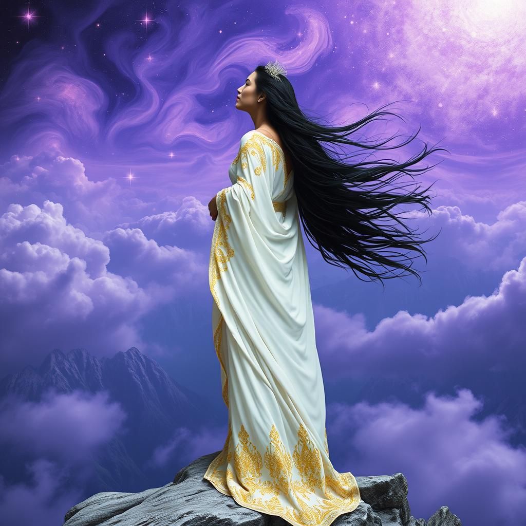 Mystical Woman Gazing at Celestial Landscape