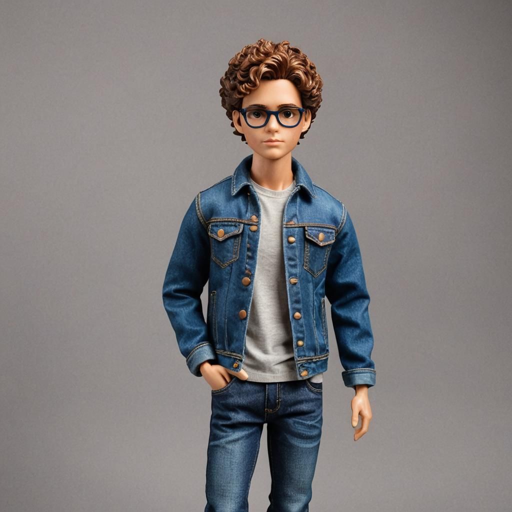 Young man with short brown curly hair and blue framed glasses doll with blue eyes with a more casual, laid-back style, w...