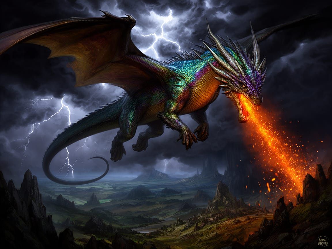 Epic Fantasy Dragon Soars Through Stormy Skies