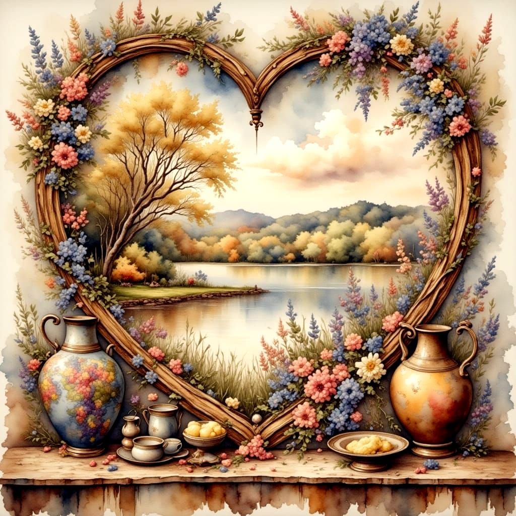 Antique Watercolor: Home is Where the Heart Is