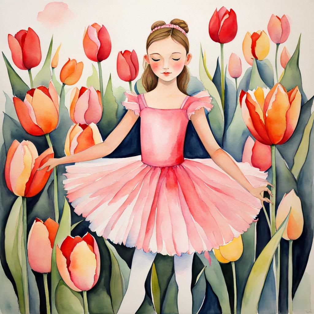 Ballerina with Giant Tulips in Watercolor Style