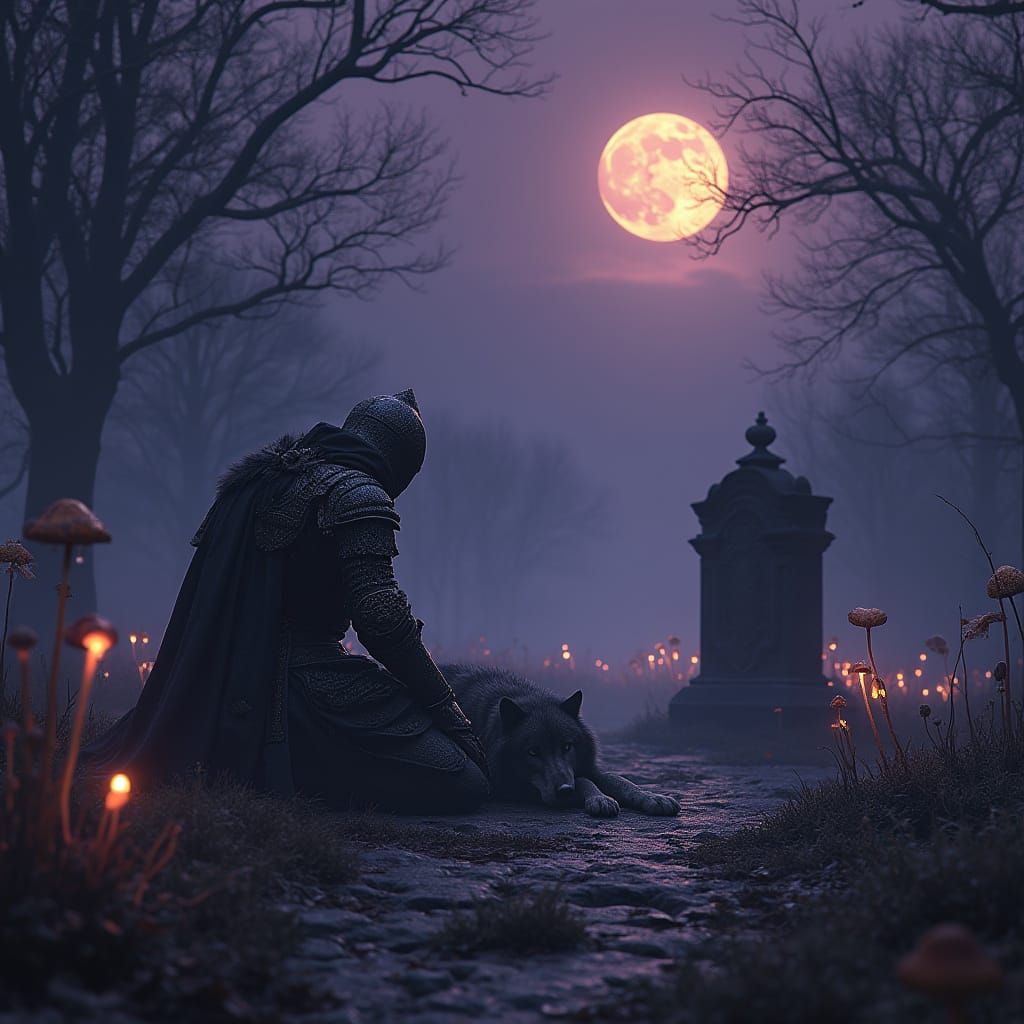 A Knight in Dark Reverence with Faithful Wolf Companion