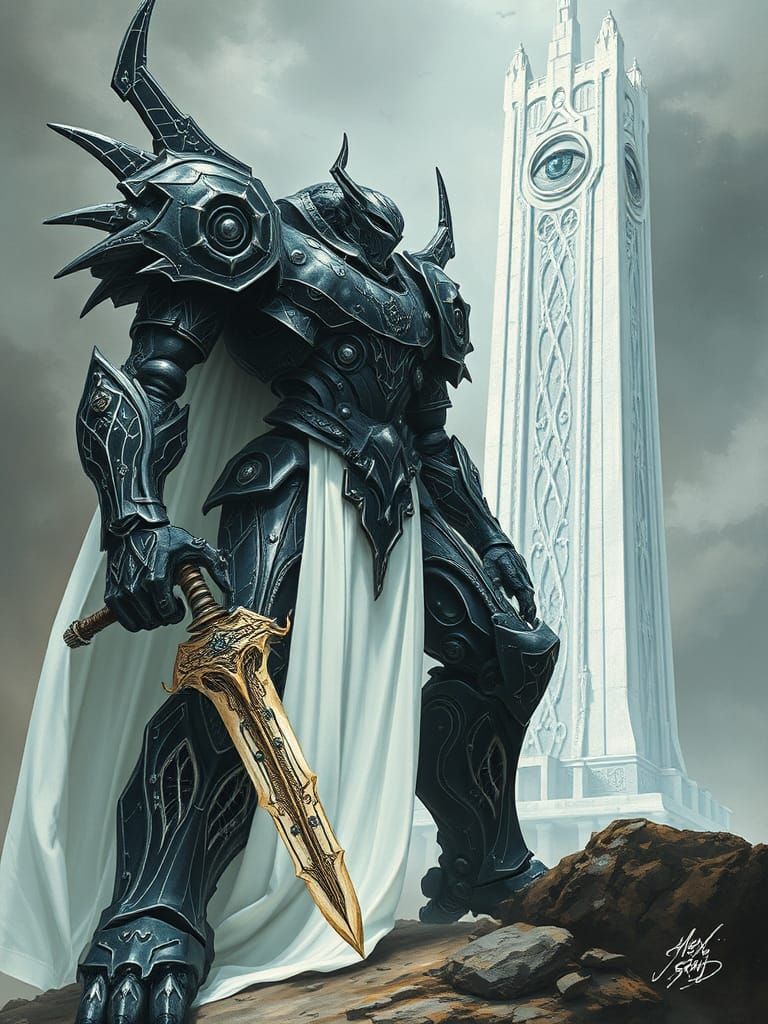 Dark Medieval Mecha Knight with Intricate Armor and Plasma S...