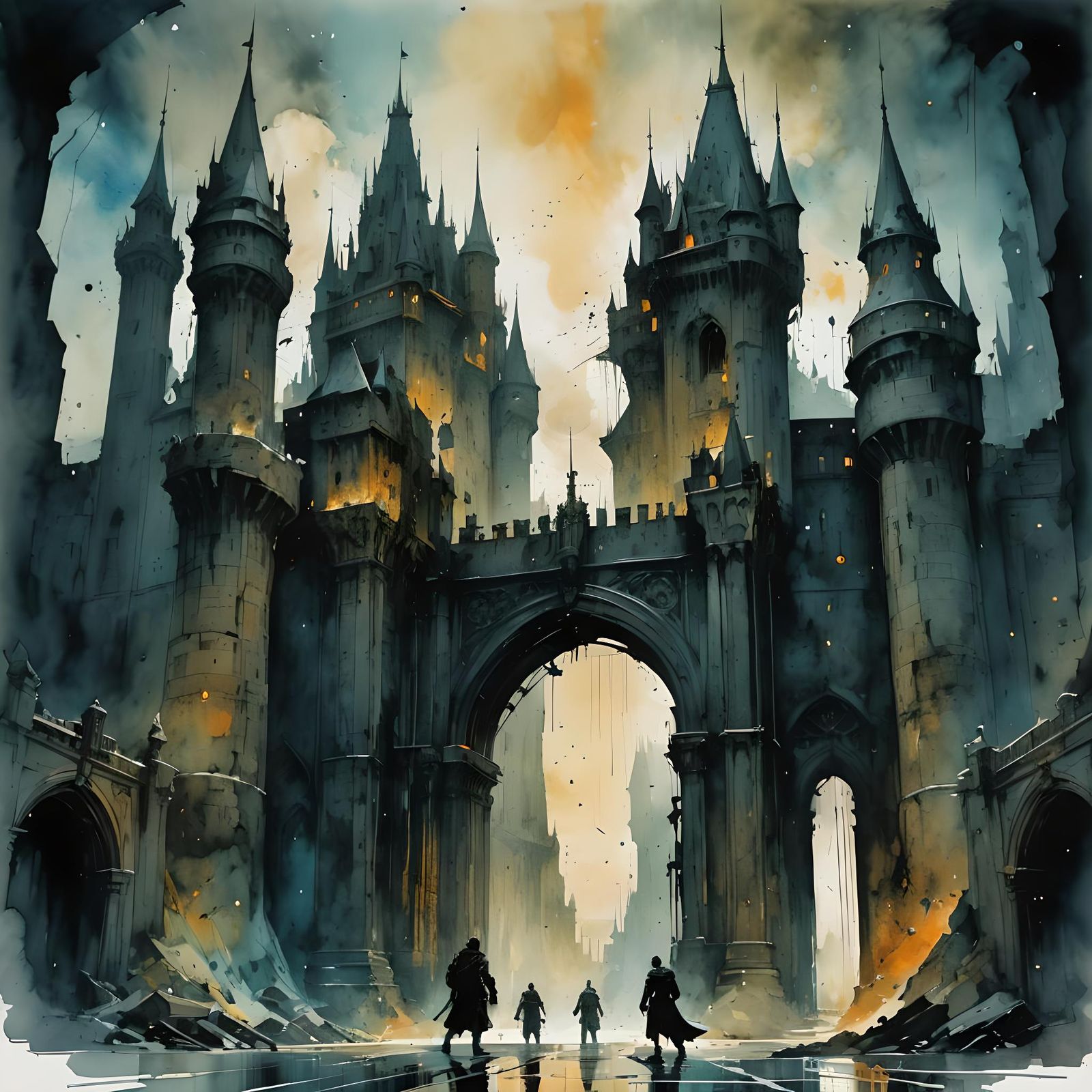 Epic Castle Gates in Watercolor Style