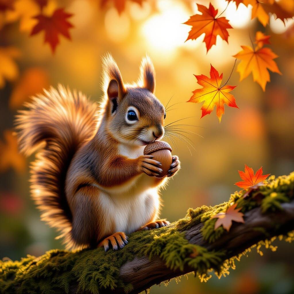 Photorealistic Squirrel in Autumn Forest Holding Acorn
