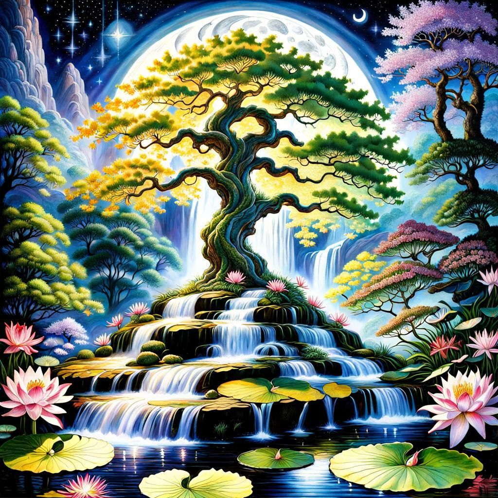 Fantasy Waterfall Scene in Hyperrealistic Digital Art