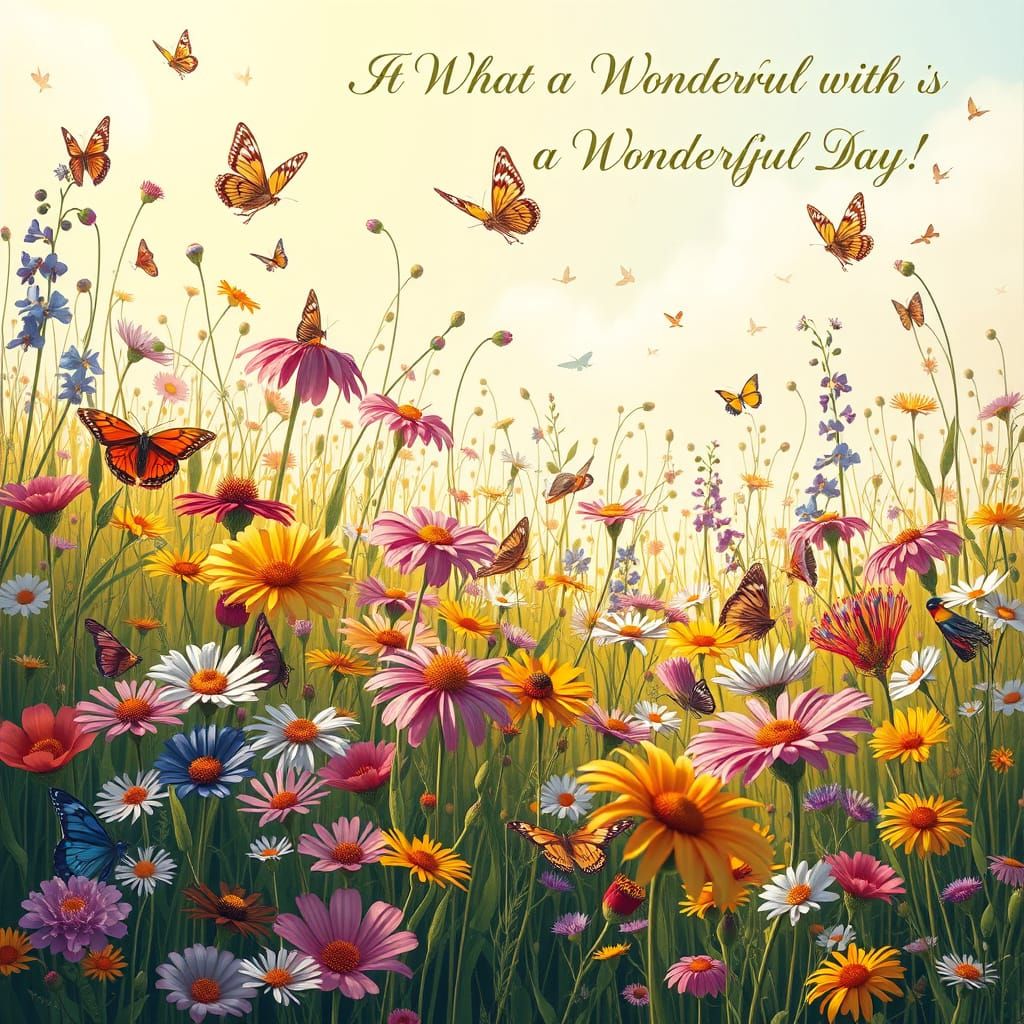 Vibrant Meadow with Butterflies and Birds in Golden Hour Lig...