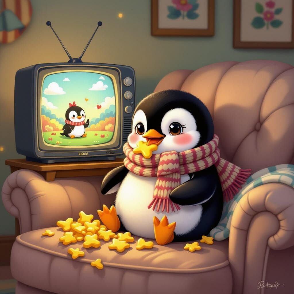 Baby Penguin Relaxing on Couch with Cheese Puffs