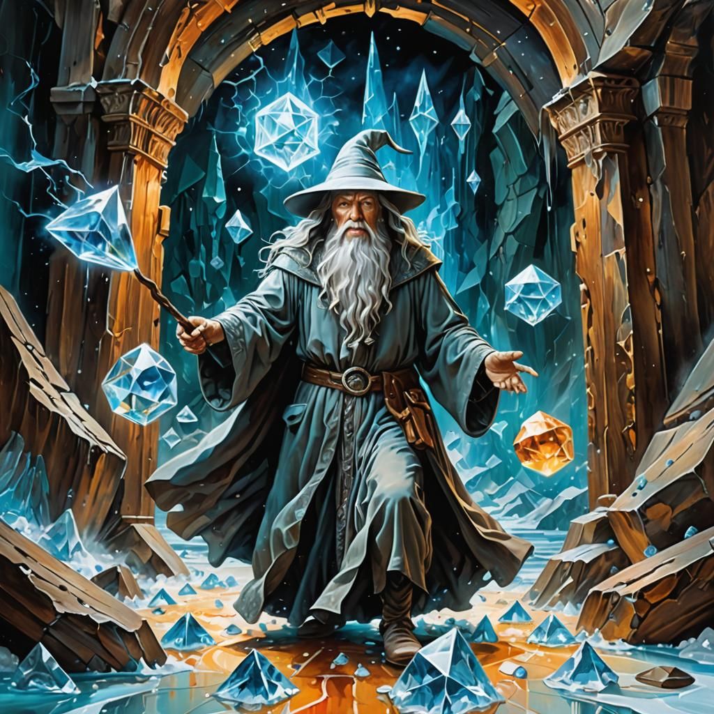 Wizard's Crystal Battle in Surreal Melting Landscape