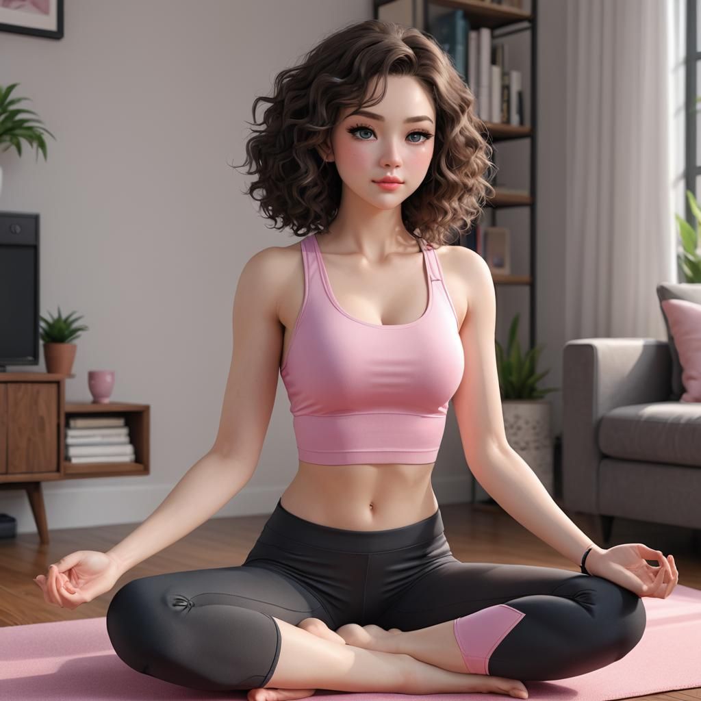 Anime Girl Meditating in Living Room, 3D Art