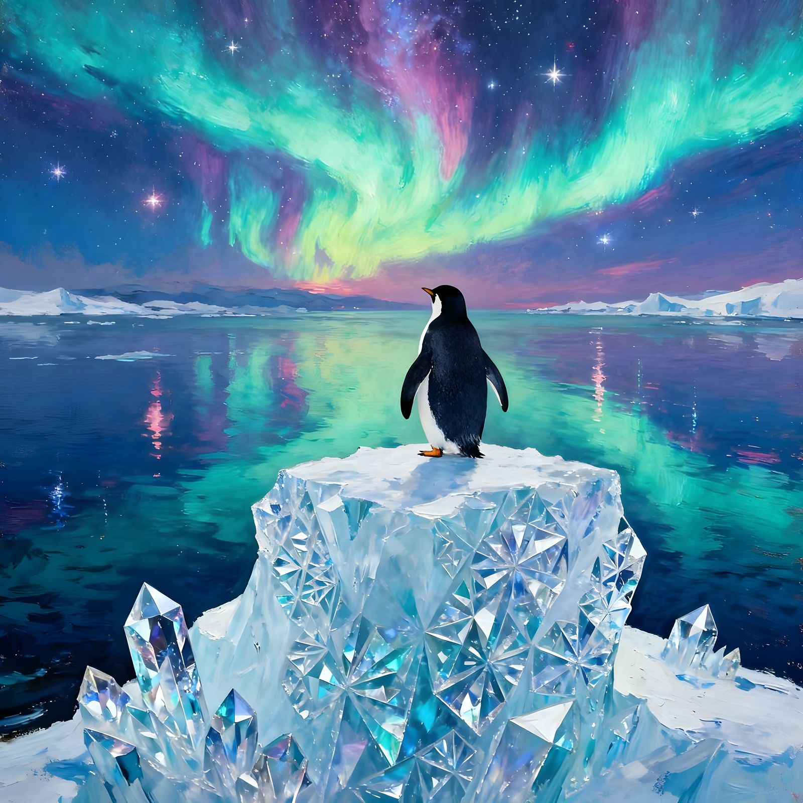 Penguin Gazes at Aurora Sky from Crystal Iceberg