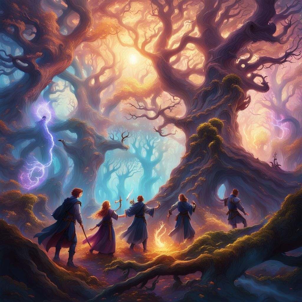 Magic Duel in Mystical Forest: Epic Fantasy Artwork