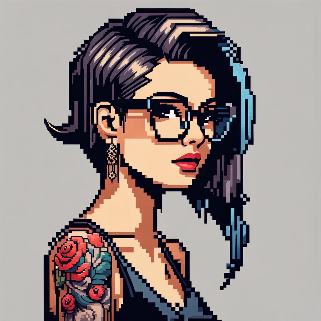 Pixel Art Girl with Undercut, Glasses, and Tattoo