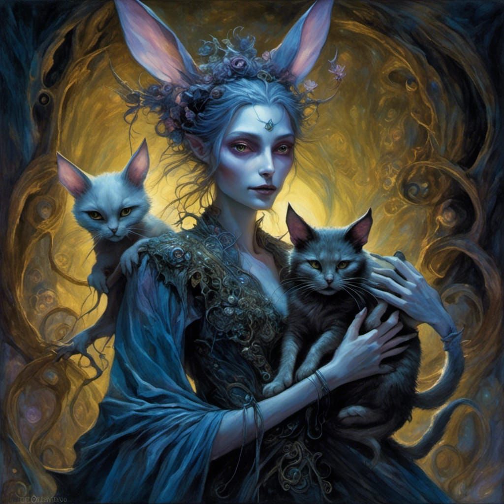 <lora:Dusklings:1.0>  fey princess  Sera holding a cat creature of the dusk in her arms , cat like fairy rabbit fey crea...