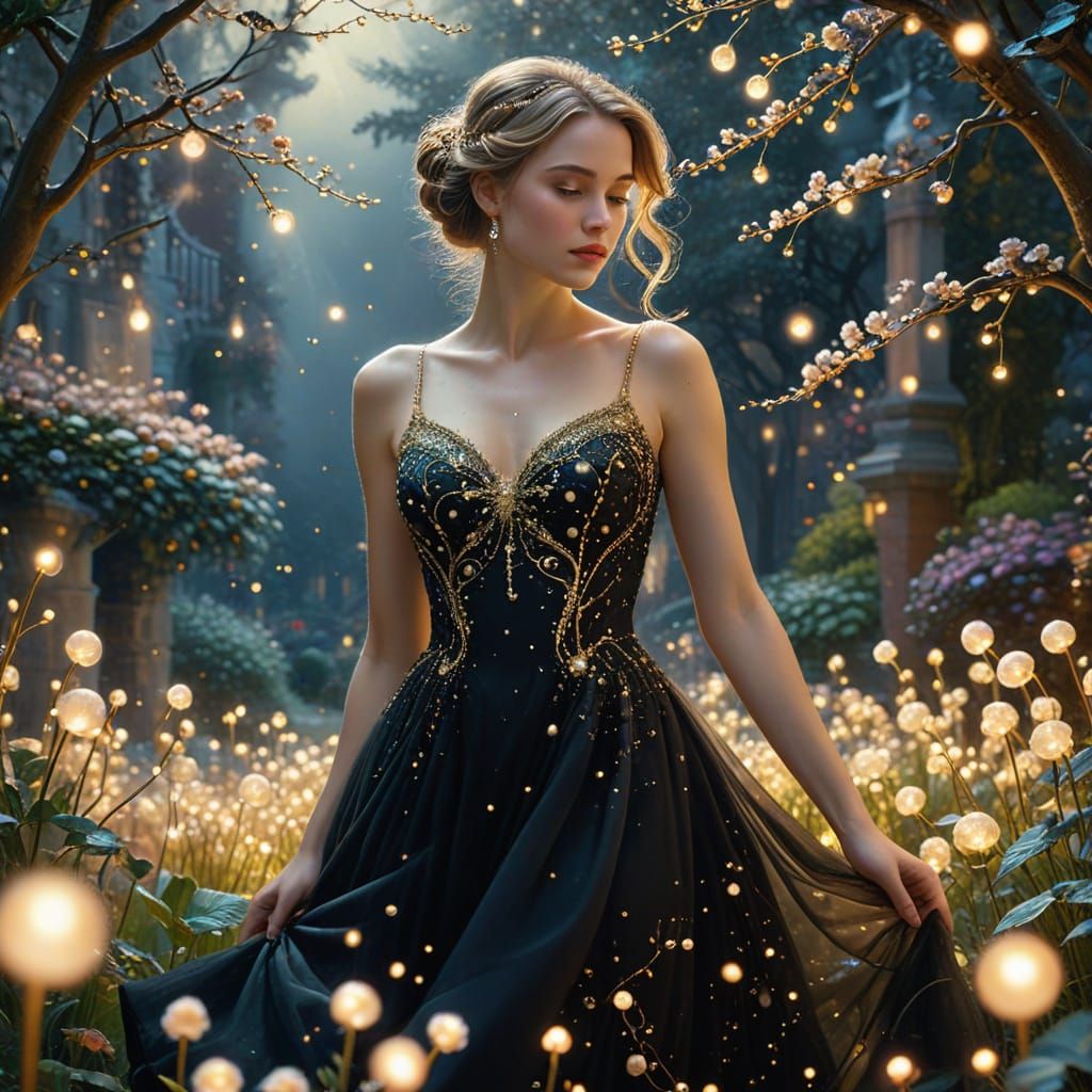 Elegant Black Dress in Midnight Garden: Whimsical Fantasy Ar...