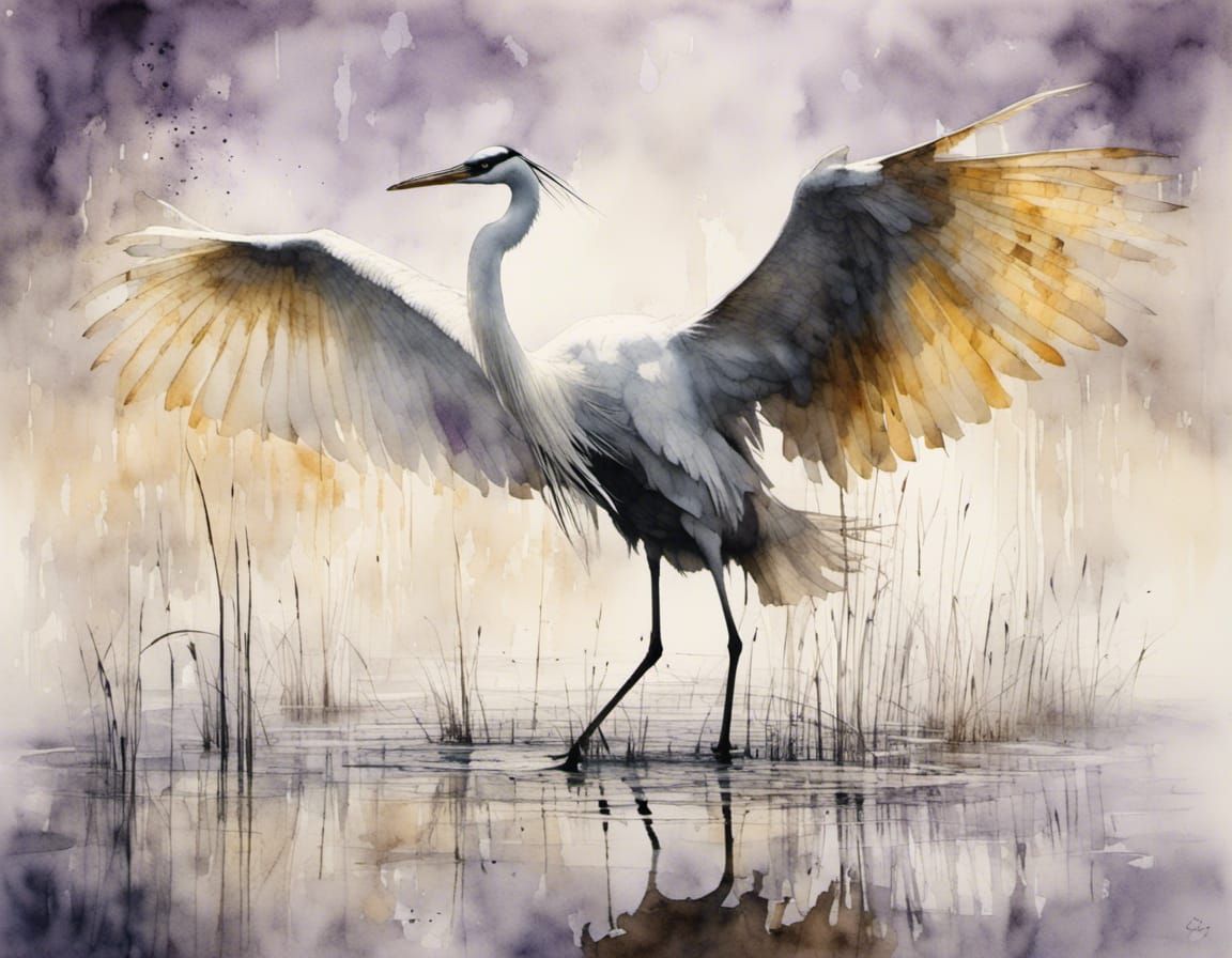 Crane in Pond with Watercolor Plaster Texture