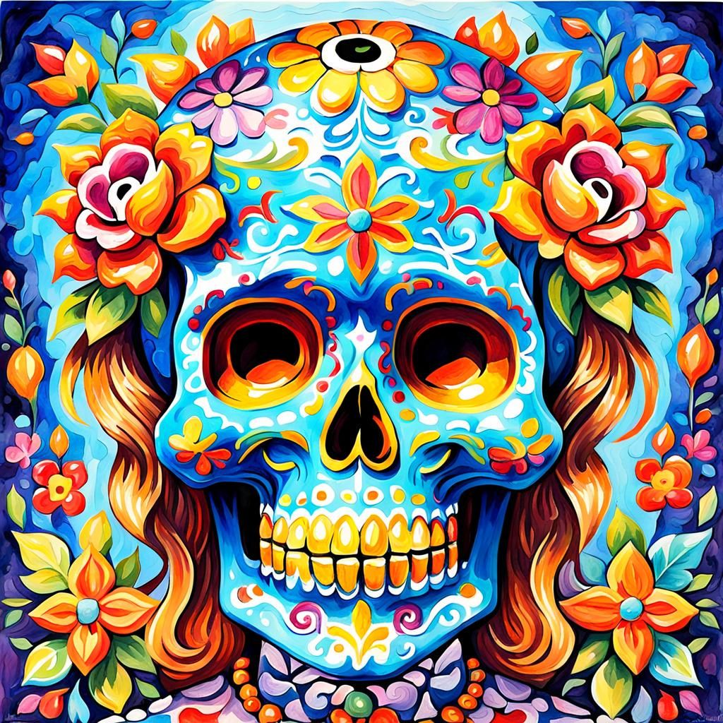 Vivid Day of the Dead Sugar Skull in Gouache Style
