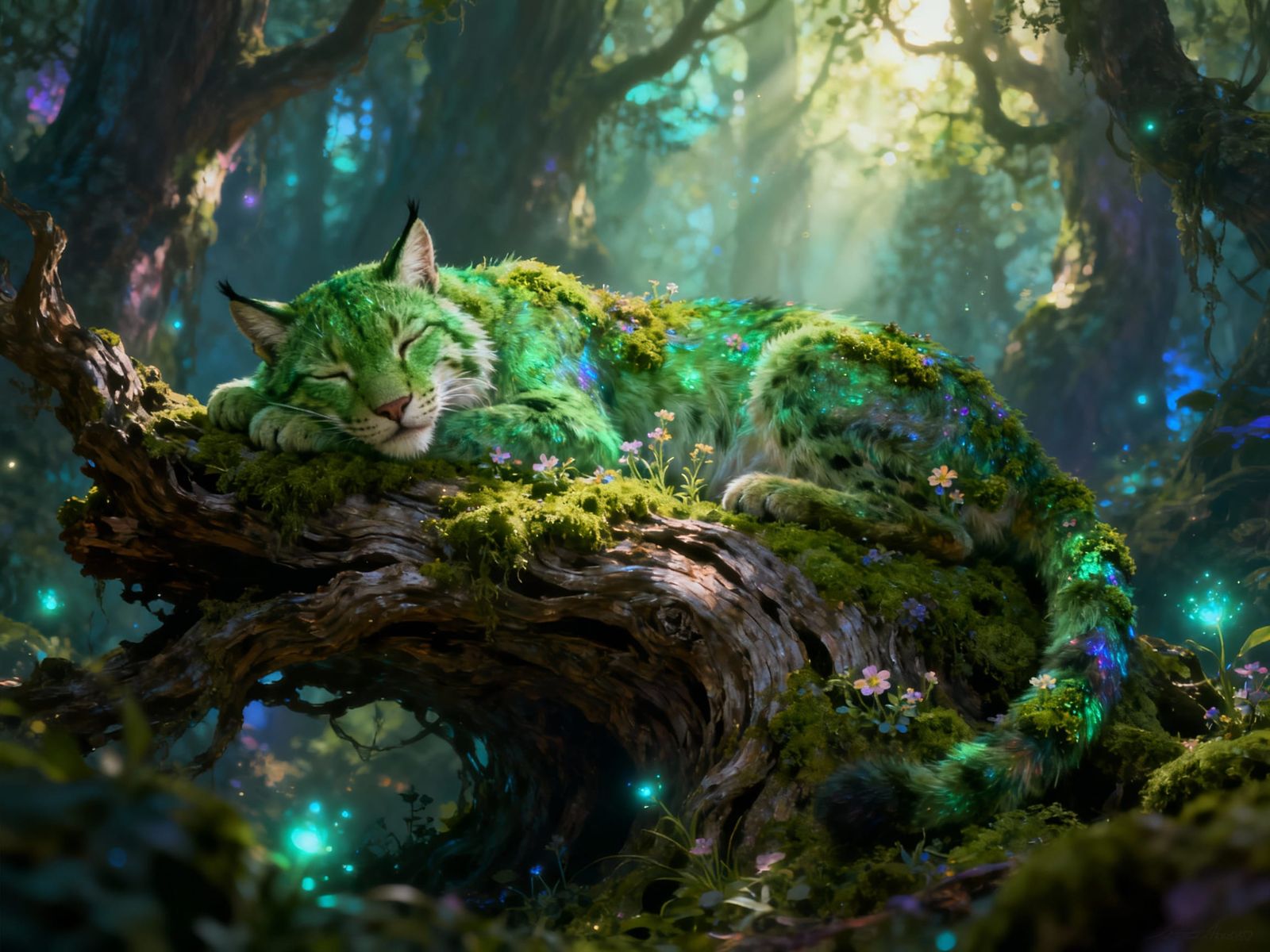 Magical Fey Lynx Rests in Enchanted Forest