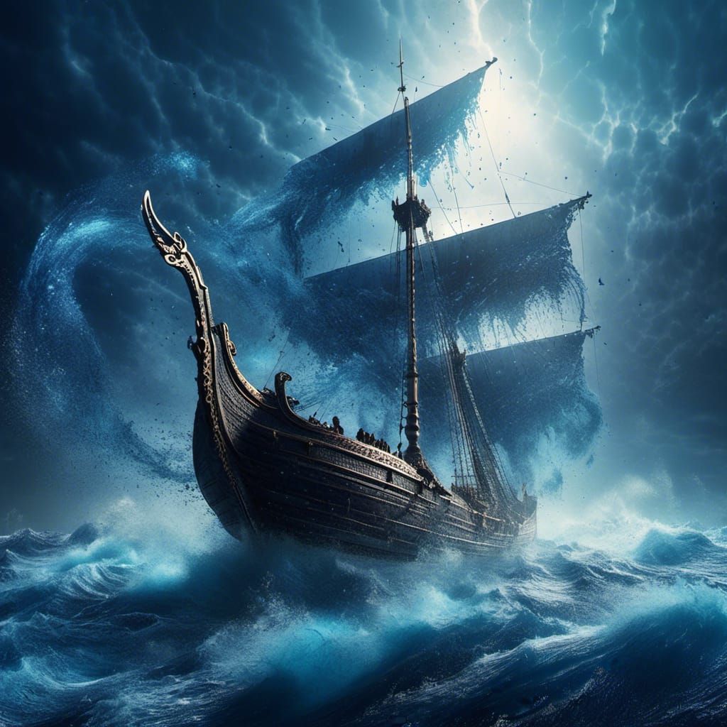 Viking Ship Disintegrating with Blue Energy, Digital Art