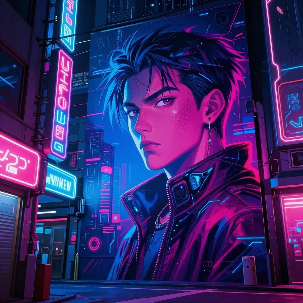 Vibrant Neon City Street Art in Cyberpunk Style