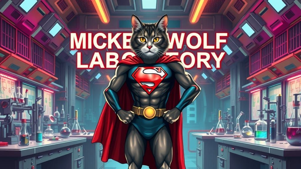Cyberpunk Feline Superman Emerges from Futuristic Lab