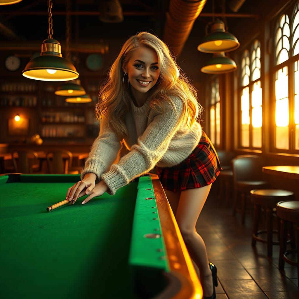 Stunning Blonde Woman in Bar, Pool Cue in Hand