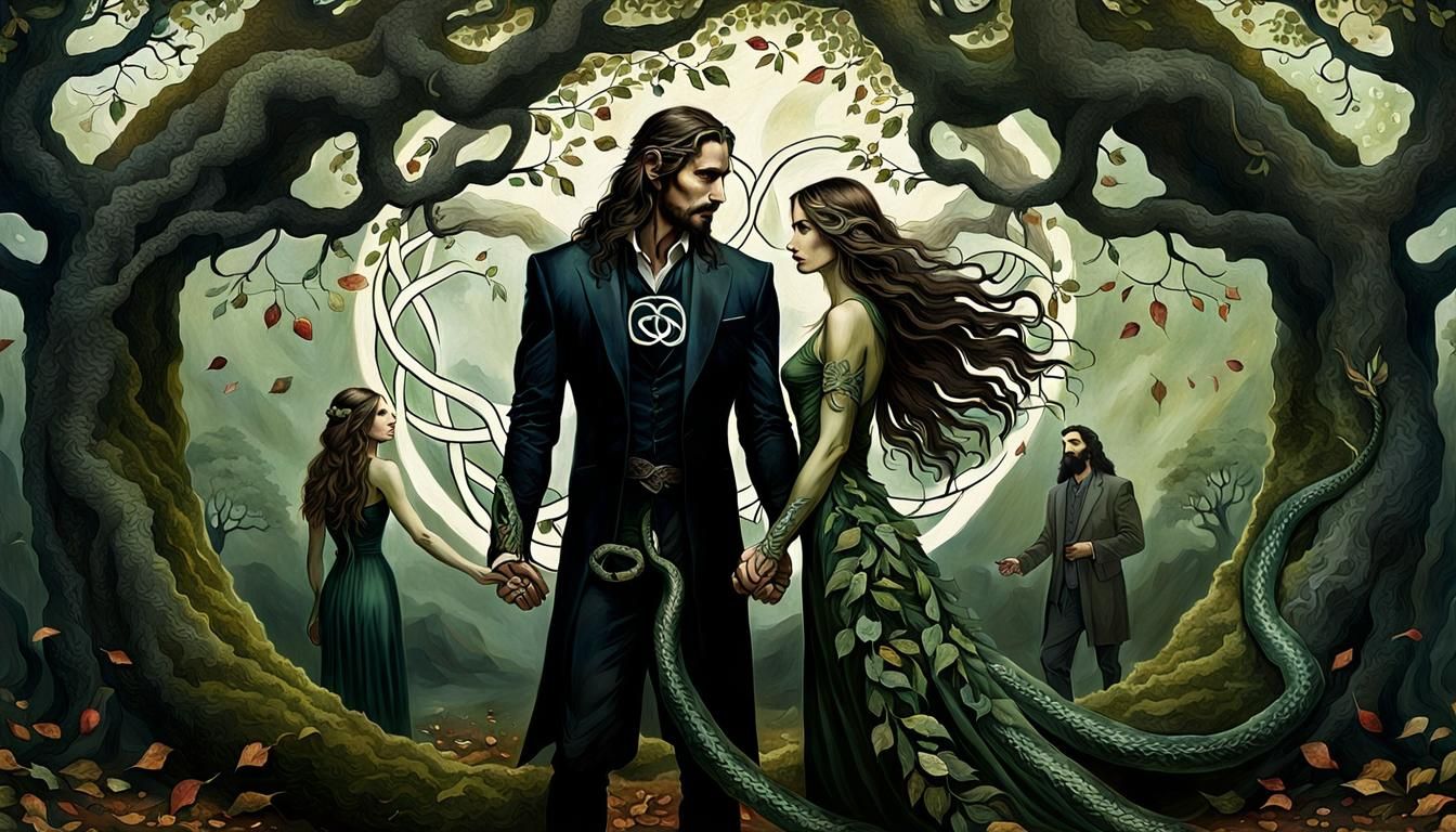 Dreamlike Painting of Man, Woman, and Ouroboros