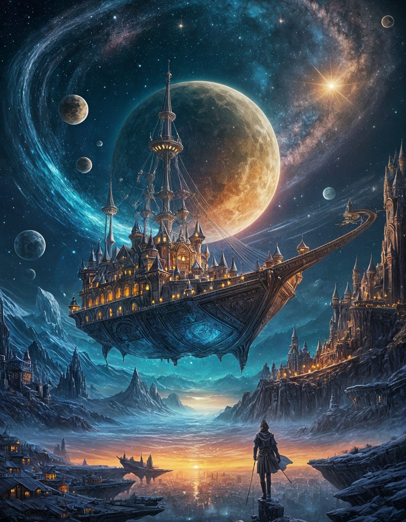 Magical Ship Navigates Space in Medieval Fantasy Art