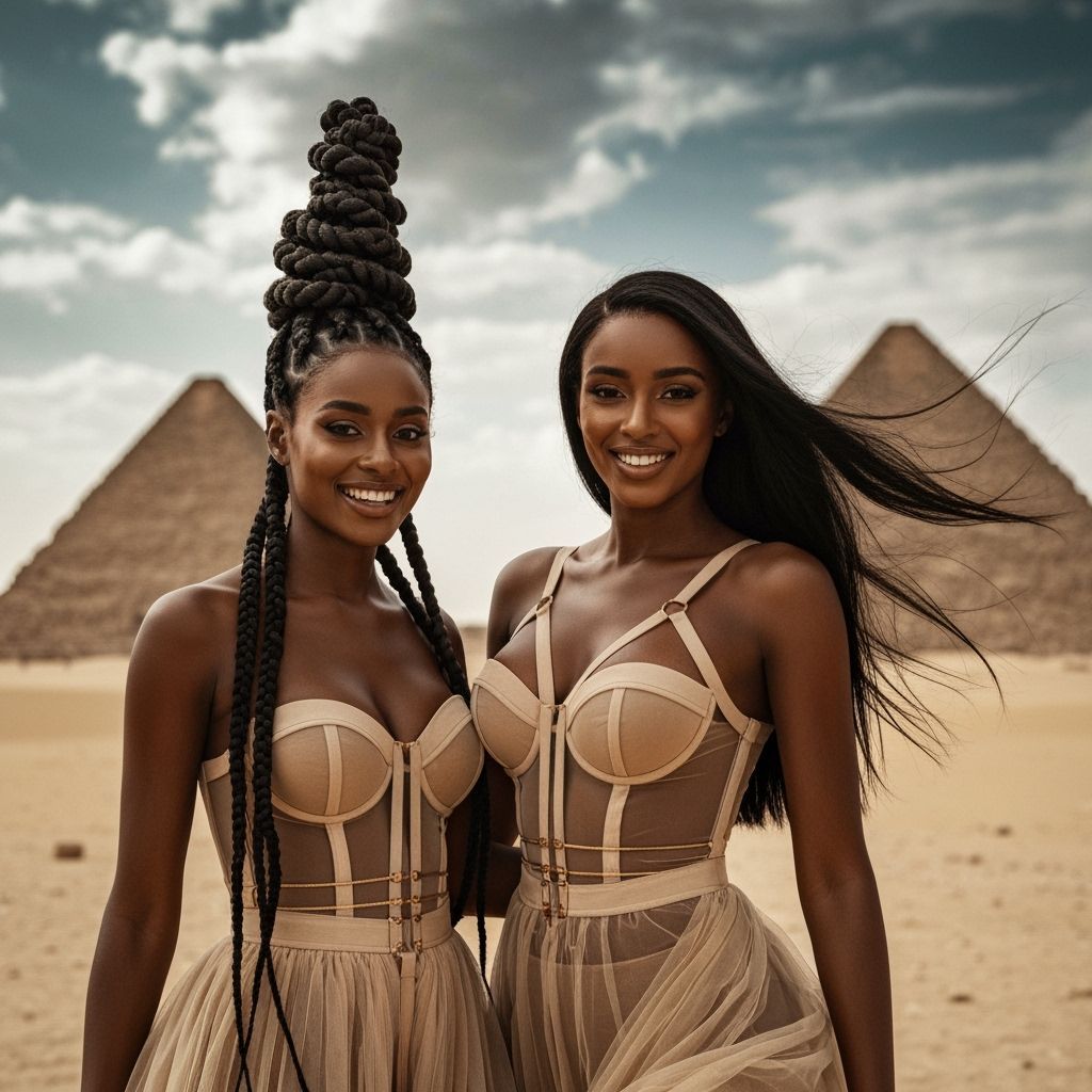 Elegant Women in Couture Gowns at Meroë Pyramids