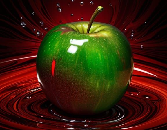 Surrealistic Transparent Apple in a Swirling Liquid Vortex