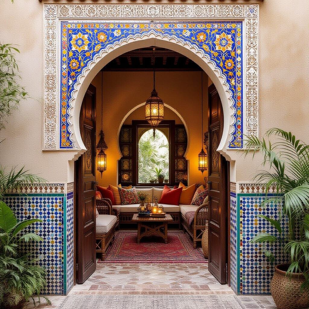 Moroccan Archway with Zellige Tiles and Cozy Study