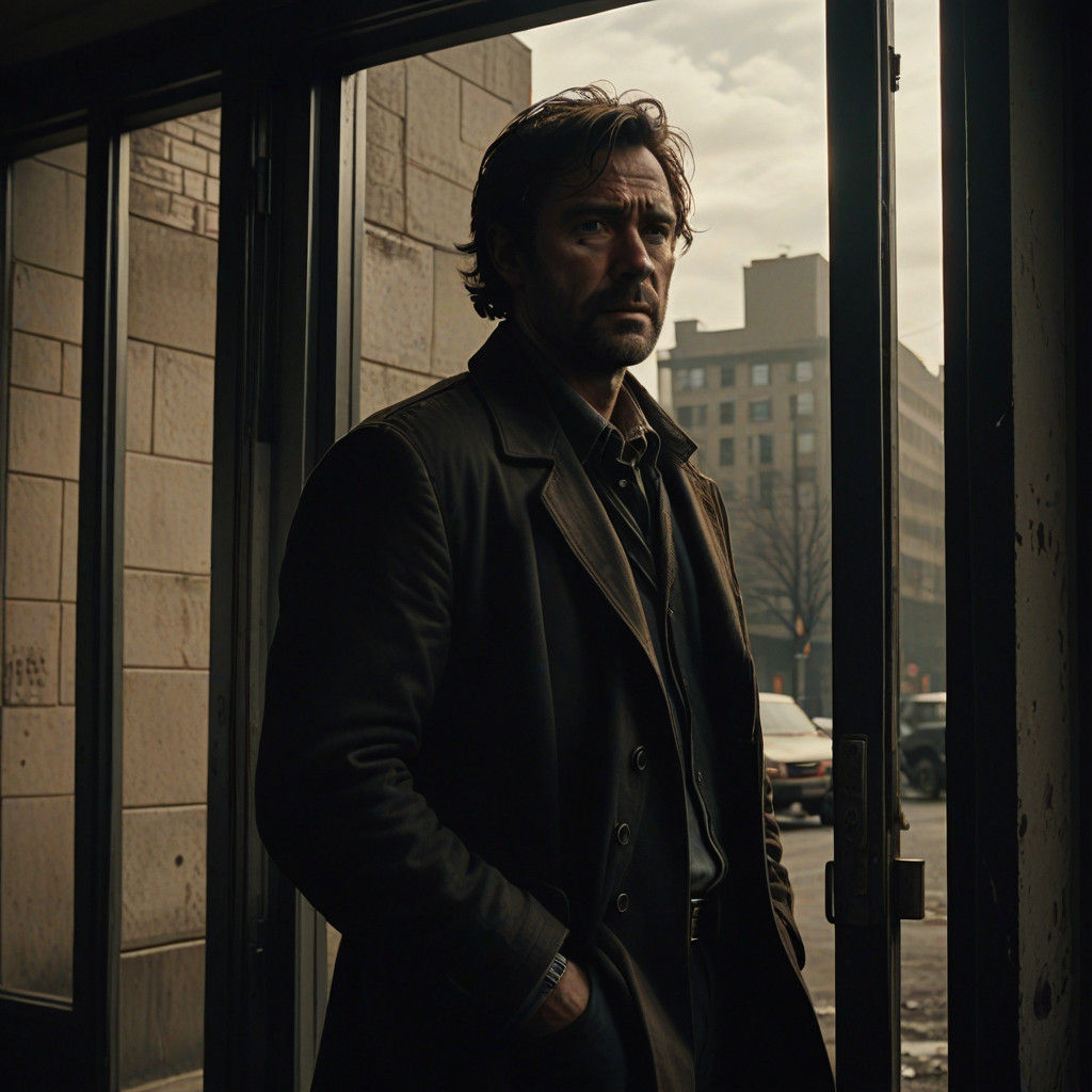 Gritty Office Building Entrance in Cinematic Film Style