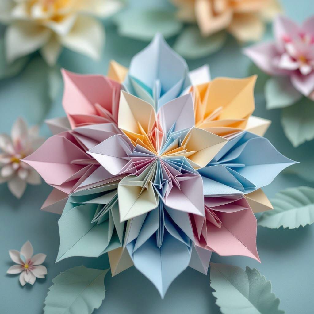 Vibrant Origami Paper Folds in Dreamy Digital Art Style