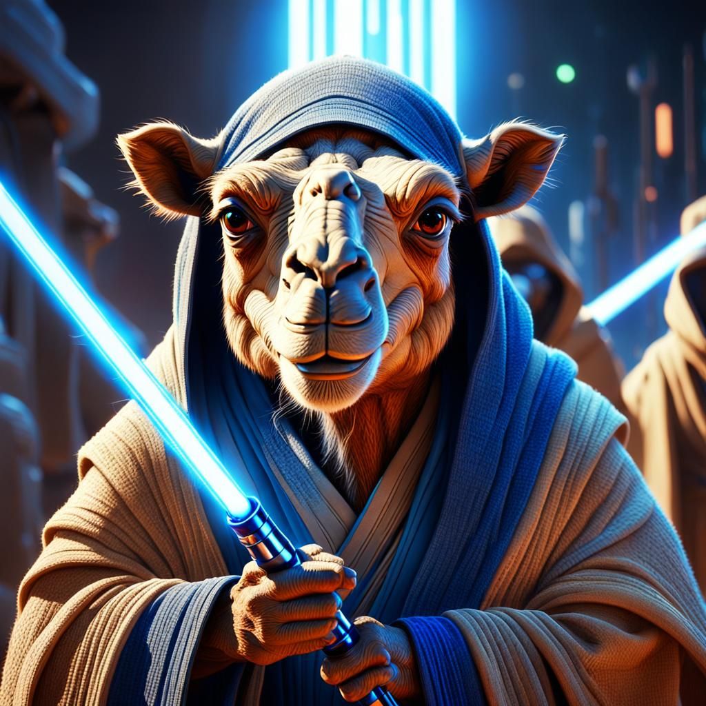 Camel Jedi with Lightsaber in Pixar Style