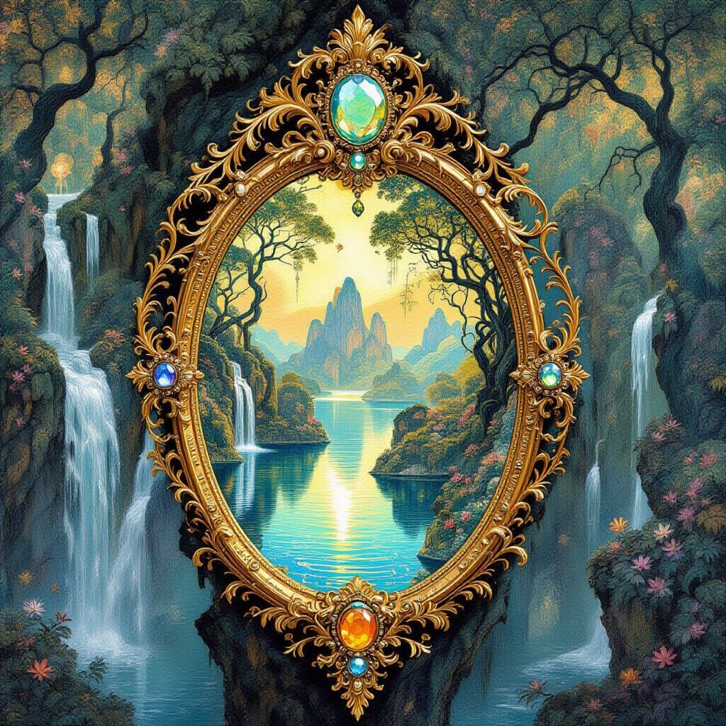 Baroque Mirror Reflecting a Surreal Art Nouveau World