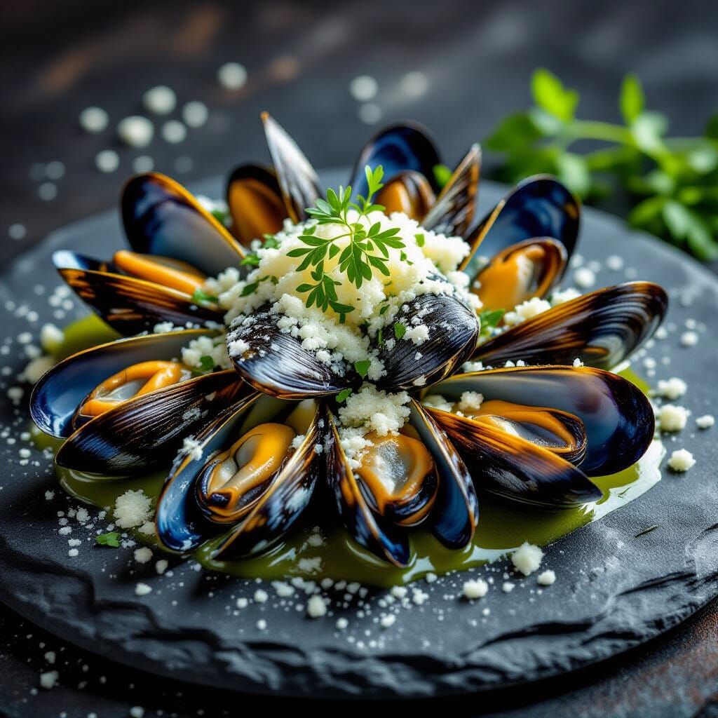 Mussels Plated with Blue Cheese and Herbs