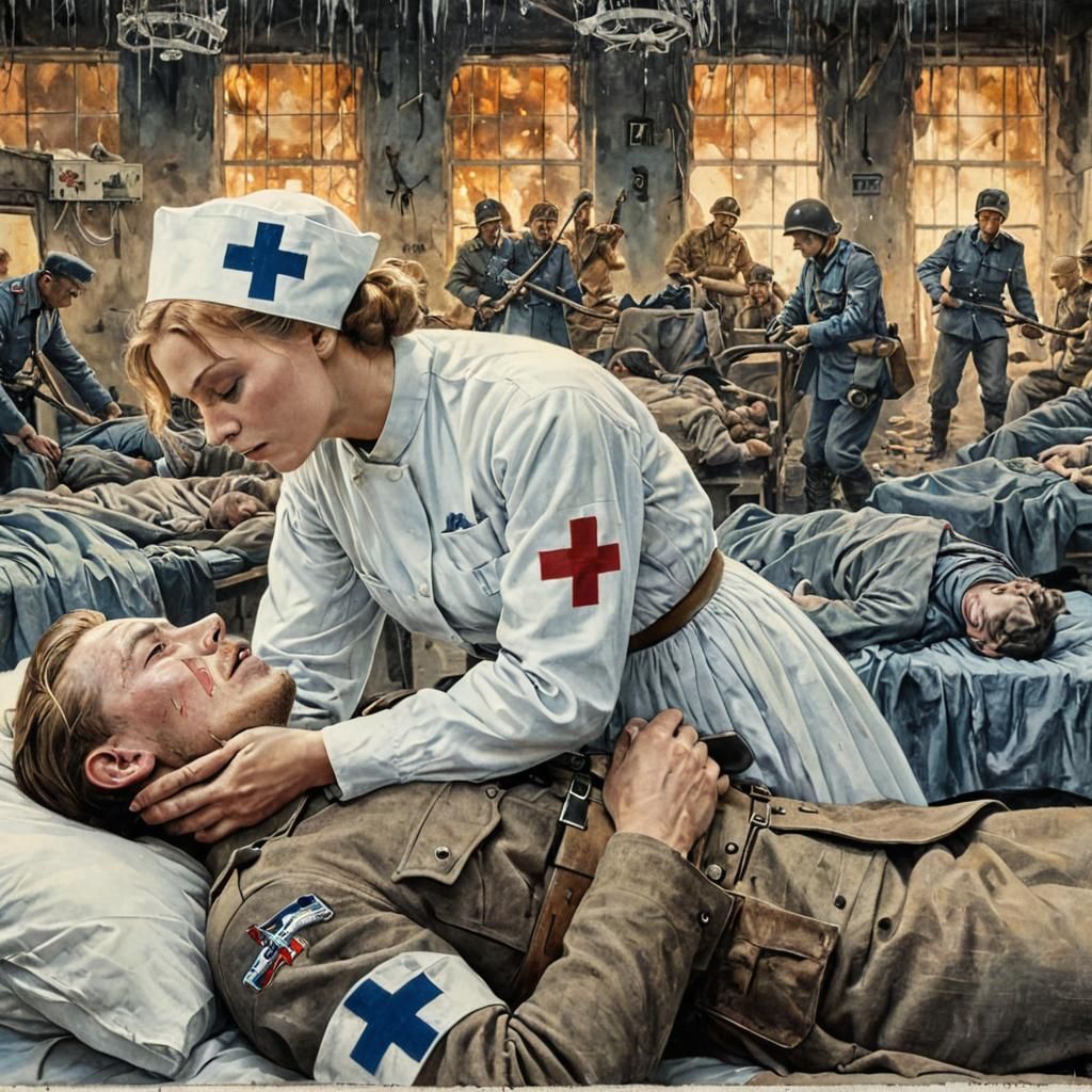 Finnish Soldier Comforted by Nurse Amidst Wartime Hospital C...