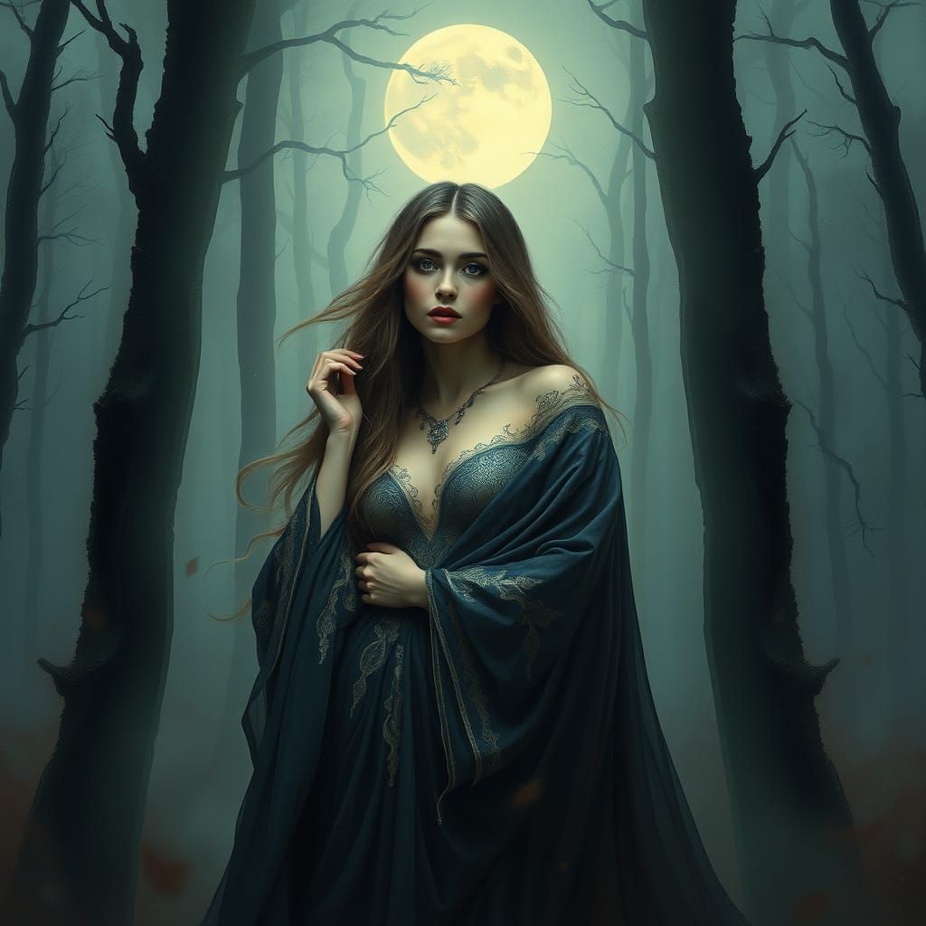 Mysterious Woman Elusie in Moonlit Forest
