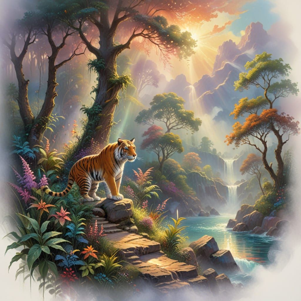 Tiger in Jungle: Impressionist Gouache Watercolor Painting